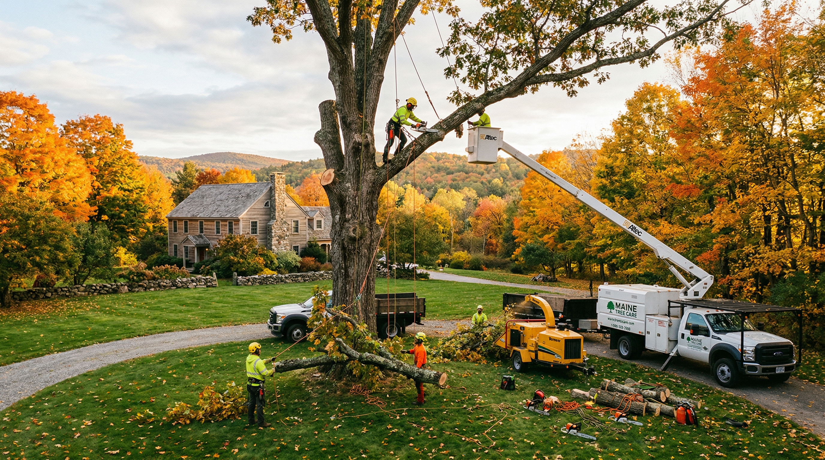 Professional tree service crew working on a large tree in a New England autumn setting