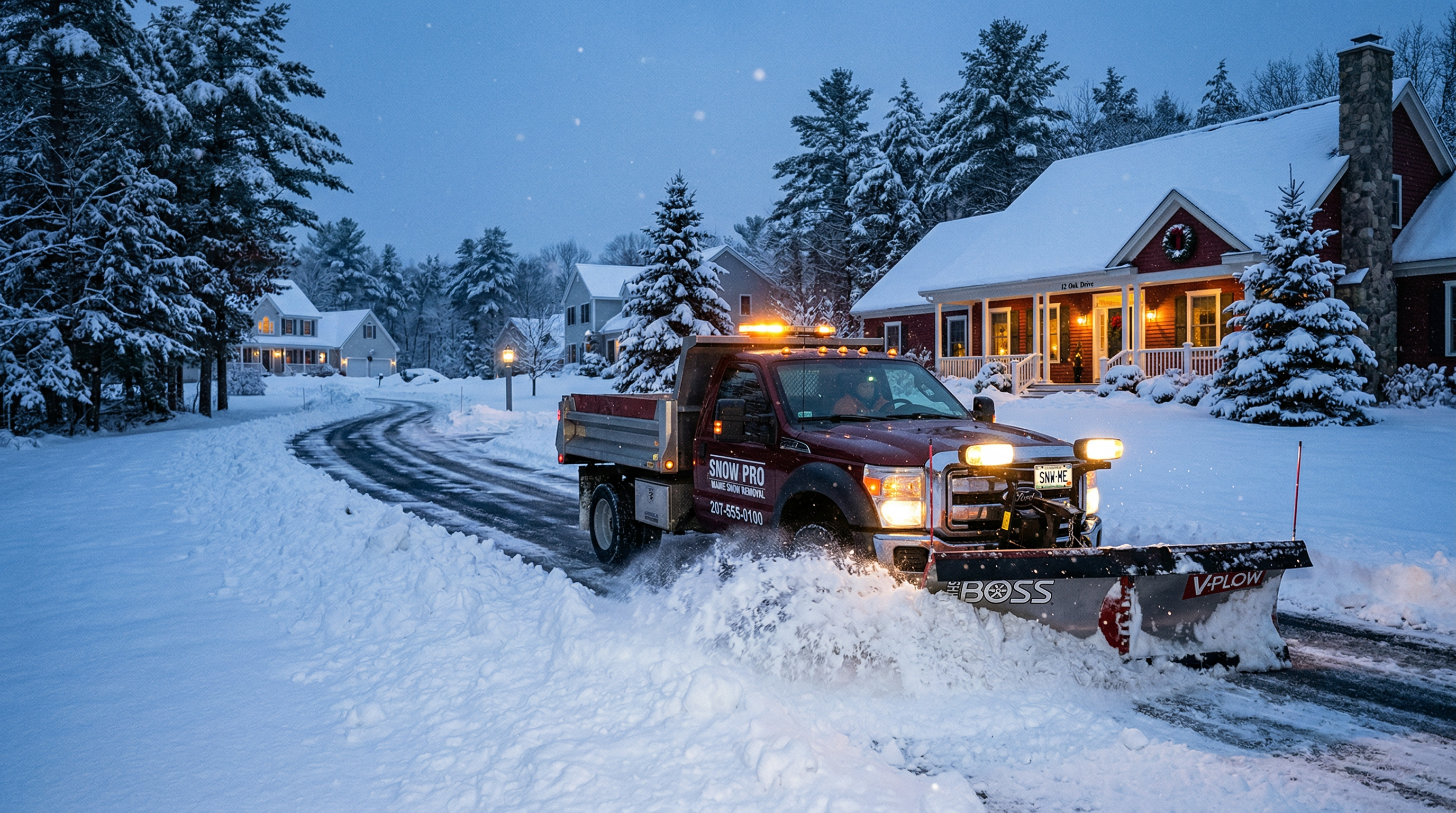 Snow plow clearing a residential driveway during a Maine winter storm